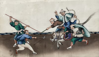 Lot 113 - Pair of late 19th century Chinese paintings on rice paper - warriors, in glazed frames, 19cm x 32cm