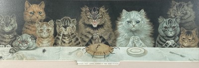 Lot 114 - Louis Wain coloured print - What We Are About To Receive, in glazed oak frame, 47cm x 77cm overall size