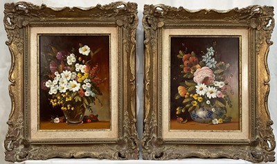 Lot 220 - Johannes Eerdmans (b.1950) pair oils on board – still life summer flowers, signed, in gilt frames