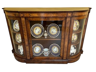 Lot 1542 - Victorian walnut credenza inlaid with boxwood flowers, foliage and stringing, enclosed by three glazed doors, 155.5cm