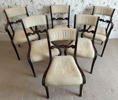 Lot 1355 - Good set of eight Regency and later mahogany dining chairs, each with applied brass florets, acorns and oak leaves
