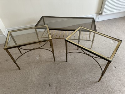Lot 1360 - Rectangular two tier brass and glass low table plus pair of similar occasional tables (3)