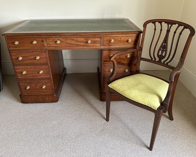 Lot 1357 - Late Victorian mahogany twin pedestal desk with inset top, three frieze and six pedestal drawers with brass handles