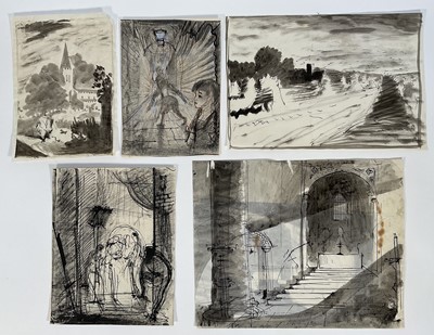Lot 190 - Group of five 20th century (second half) pen & wash drawings, landscapes, figures and churches, possibly theatre-related, smallest 20cm x 14.5cm, largest 23.5cm x 29.5cm (5)