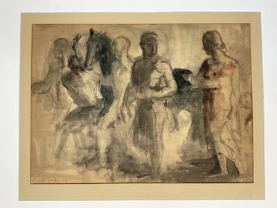 Lot 189 - 1940s charcoal, ink & wash, Classical figures and horses, indistinctly signed and dated, '44, 37cm x 52cm, mounted