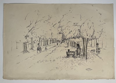 Lot 186 - Mathew Lees, 1960s pen and ink drawing - Hyde Park, inscribed and 1964, unframed 38cm x 56cm