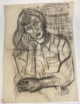 Lot 190 - School of Bratby, charcoal drawing - portrait of a lady, 76cm x 56cm, unframed (folded)