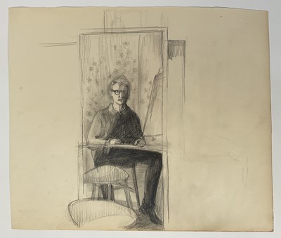 Lot 194 - Lewis Davis (1923-2010), pencil sketch self portrait, 37.5cm x 44.5cm, unframed. Davis was a pupil of Peter Blake & Bill Jacklin