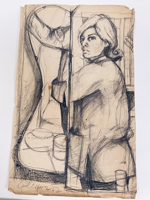 Lot 191 - Carol Ebborn, 1960s pencil & black crayon, possibly a self portrait, signed and 1962, pencil sketches verso