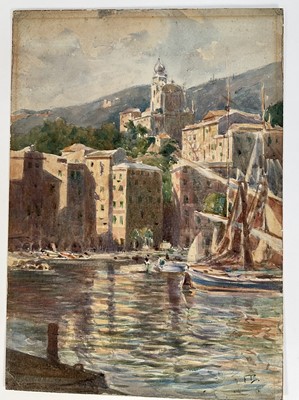 Lot 185 - Manner of Frank Brangwyn, watercolour - Mediterranean Coastal Scene, signed FB, bearing signature verso, 39cm x 28cm, unframed