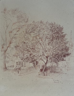 Lot 189 - Jeffery Courtney (b.1947) sanguine pencil - 'Robin's House at Richmond' (Robin being the art dealer Robin Garton)