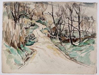 Lot 197 - Helen M George (1883-1982) watercolour - Tarrant Crawford (near the Abbey), signed, variously inscribed verso, dated 1958 (?), 39cm x 52cm, unframed