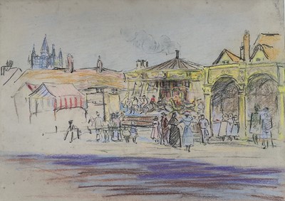 Lot 187 - William Monk RE (1863-1937) coloured chalks - 'At the Fair', c1919, 23cm x 33cm, mounted.