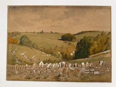 Lot 188 - Frederick S. Beaumont, RI (1861-1954) pencil, watercolour & gouache on oatmeal paper, Dry Stone Wall & Landscape, 1941, signed and dated, 39cm x 53.5cm, unframed