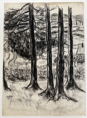 Lot 198 - Two 1950s charcoal drawings, one of trees, one of a landscape with towers, dated 1957, indistinctly monogrammed, 60cm x 44cm, unframed