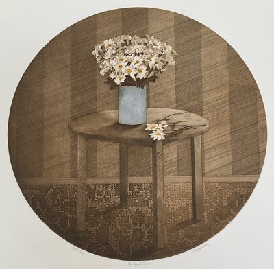 Lot 166 - Christopher Penny (1947-2001) signed artists proof coloured etching - 'Blue Vase with Daises', inscribed in pencil, 66cm x 63cm, unframed