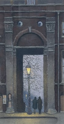 Lot 231 - Manner of Bernard Sleigh (1872-1954) Pastel, Street Scene with Figures and a Street Lamp, 29cm x 15.5cm, in glazed frame.
