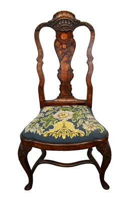 Lot 1406 - Late 18th century Dutch marquetry side chair, with shaped back above cabriole legs with serpentine understretchers