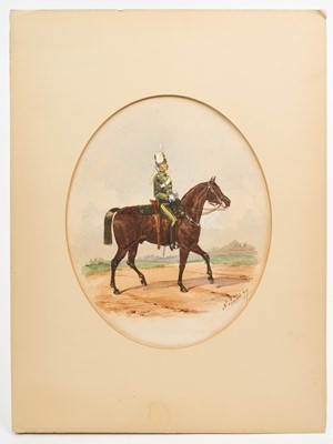 Lot 114 - Richard Simkin (1850-1926) watercolour - '19th Hussars, Trooper, Review Order', signed and dated '79, titled in ink, inscribed verso, oval 25.5cm x 20.5cm, overall paper size 38cm x 27cm, mounte...