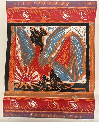 Lot 1203 - *Michael Rothenstein (1908-1993) signed limited edition coloured woodcut - ‘Sunburst’ 1991, 19/75, unframed 87cm x 67cm.