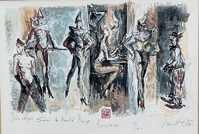 Lot 233 - Sergei Chepik (1953-2011) pencil and watercolour on paper - ‘Les Clownesses’, signed, stamped and dated 2001, 25cm x 36cm, glazed frame