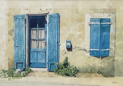 Lot 211 - Graham Robbie watercolour - Blue shutters, signed, 27cm x 39cm, glazed frame