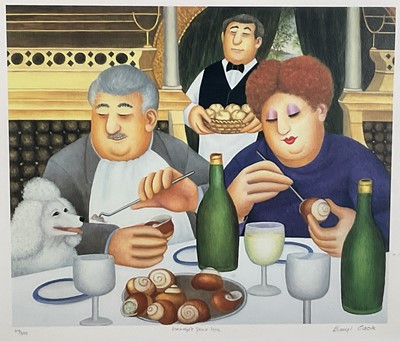 Lot 197 - Beryl Cook (1926-2008) print - ‘Escargot pour Trois’, signed and numbered 84/395, 43cm x 51cm, glazed frame