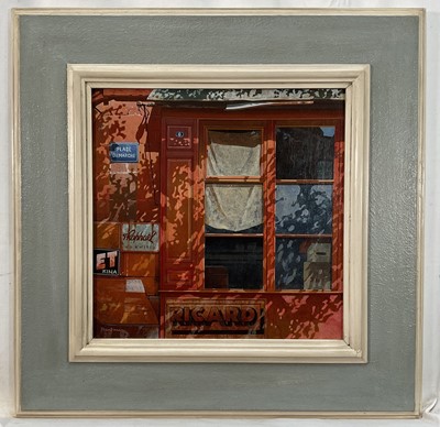 Lot 207 - Peter Evans (b. 1943) acrylic on board - 'Red Café, West side', signed and titled, 30cm x 30cm, framed
