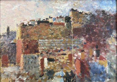 Lot 205 - Alfred Stockham (1933-2020) oil on board - Windy day Windsor Terrace, signed and dated ‘83 verso, 25cm x 35cm, framed