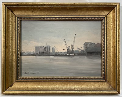 Lot 204 - Paul Gunn (b. 1934) oil on board - ‘Cranes at Battersea’, signed, dated ‘80, 8cm x 25cm, framed