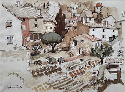 Lot 206 - Graham Clarke (b.1941) watercolour - Jardins, Ardèche, signed, titled verso, 18cm x 24cm, glazed frame