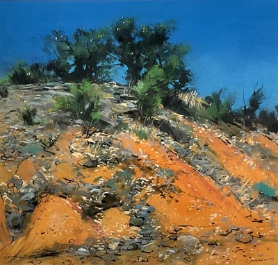 Lot 198 - Neil Canning (b. 1960) mixed media on paper - The Red Hill Valfont, signed, titled verso, 54cm x 56cm, glazed frame