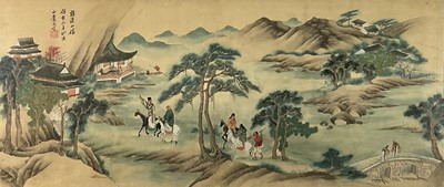 Lot 920 - Chinese painting on silk, men on horses, 39cm x 92cm, glazed frame