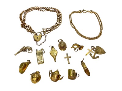 Lot 125 - 9ct gold double curb link chain bracelet with padlock clasp, one other 9ct gold bracelet and twelve 9ct gold novelty charms
