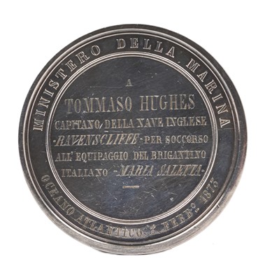 Lot 24 - Interesting 19th century Italian silver medal / medallion, with inscription dated 3rd February 1873, relating to the crew of the Ravenscliffe for their part in the rescue of the Maria Saletta.