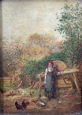 Lot 224 - Victorian school oil on panel, figure and chickens, indistinctly signed and dated