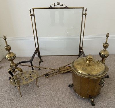 Lot 1361 - Pair of antique brass fire dogs, late Victorian brass framed fire guard etc