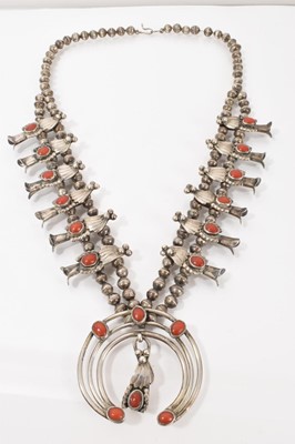 Lot 607 - Navajo silver and coral necklace