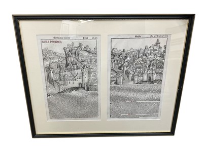 Lot 1480 - Hartman Schedel - Anglia, 1493, uncoloured woodblock leaf of an imaginary English Town, originally published on the 'Nuremberg Chronicle, glazed frame, total size 57 x 69cm