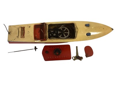 Lot 1934 - Hornby Speed Boat no. 3 in original box, and others plus Frog Interceptor Fighter and other tin plate toys