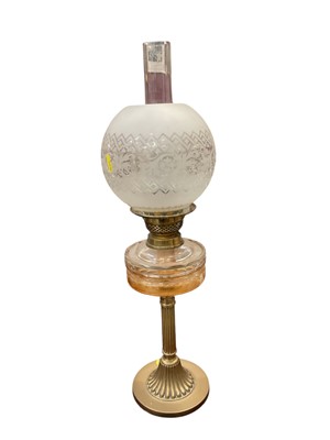 Lot 791 - Victorian brass and cut glass oil lamp with etched glass shade