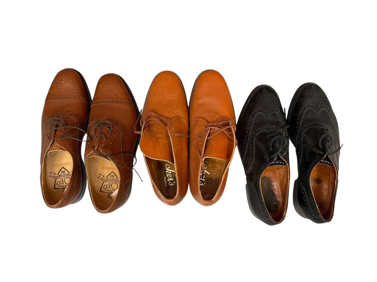 Lot 44 - Three pairs of mens vintage shoes including Trickers Corniche tan leather size 8 and Trickers black broques size 8 plus White Brothers tan broques size 8, all pre-owned. Pair of wooden shoe tree...