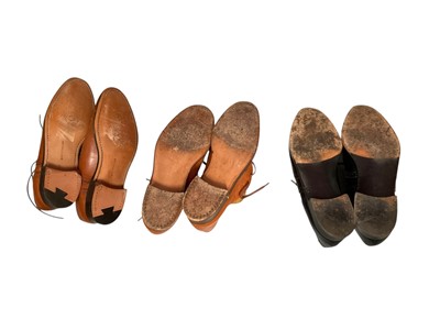 Lot 44 - Three pairs of mens vintage shoes including Trickers Corniche tan leather size 8 and Trickers black broques size 8 plus White Brothers tan broques size 8, all pre-owned. Pair of wooden shoe tree...
