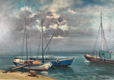 Lot 117 - Giavanni (Contemporary): oil on canvas, three moored boats, signed lower right, 68.5 x 49cm
