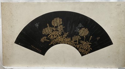 Lot 118 - Chinese School, early 20th century, watercolour fan design decorated with gilt flowers and insects on a black ground, signed, 33cm x 62cm, unframed