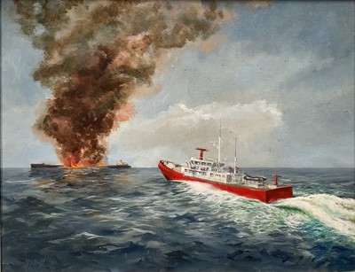 Lot 123 - Maynard, 20th century, oil on board - The Burning Ship, signed, 54cm x 69cm, framed