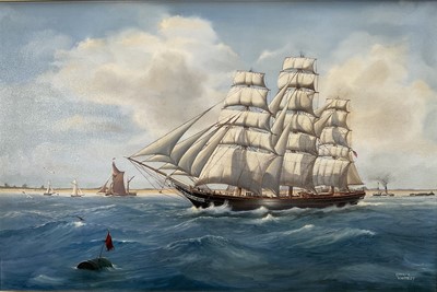 Lot 127 - Kenneth Whitely oil on canvas - The Cutty Sark off the coast, signed, 75cm x 50cm, framed
