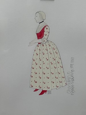 Lot 128 - Richard Hudson (b. 1954) watercolour, two costume designs for English National and Royal Opera productions, Figaro's Wedding (1991) and Die Meistersinger Von Nurnberg (1993), 35.5 x 25.5cm, in g...