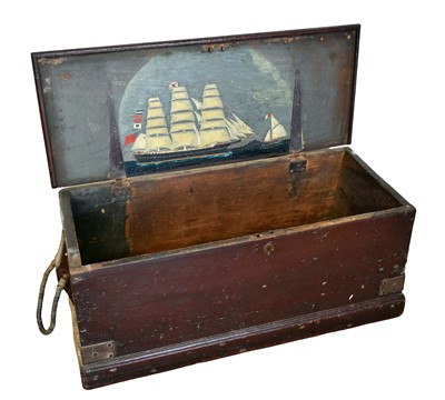 Lot 1366 - 19th century seaman's chest with rope handles and painted ship decoration to interior of lid