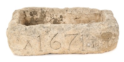 Lot 827 - Unusual 17th century carved stone trough, dated AD1671, 30cm wide